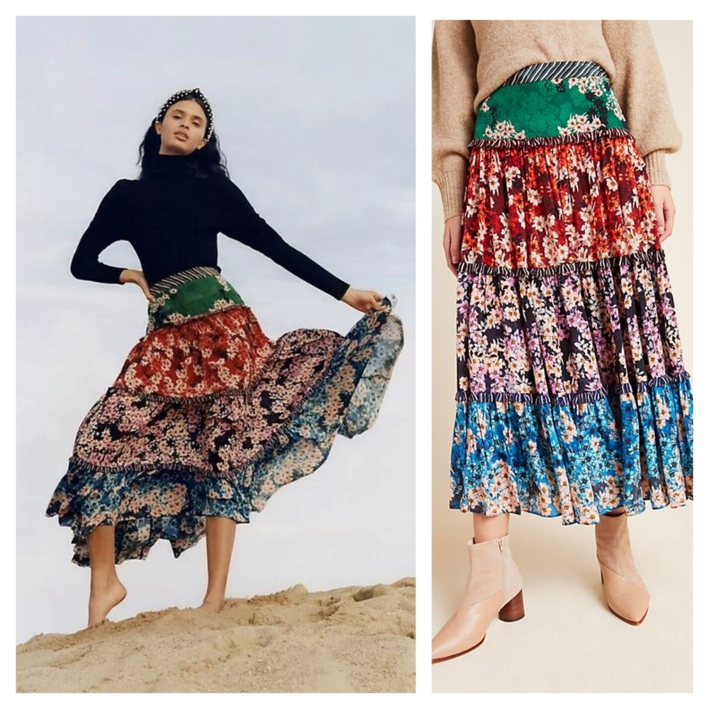 Anthropologie Multi‑Color Floral Tiered Maxi Skirt